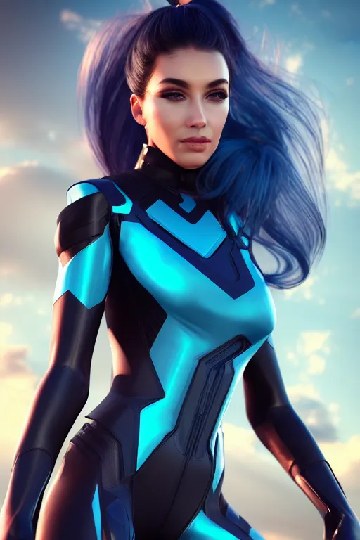 Prompt: a stunning picture of a beautiful young woman wearing futuristic deep black battle bodyarmor and leggings with ombre navy blue teal hairstyle blowing in the wind by marvel comics, digital art, trending on artstation