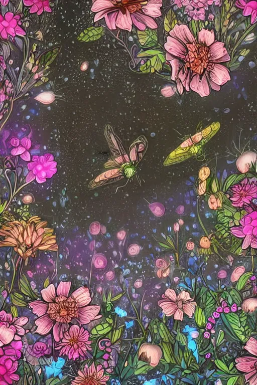 Prompt: beautiful digital matte whimsical painting of whimsical botanical illustration black and blue flowers enchanted fireflies pink background, dark contrast by android jones,