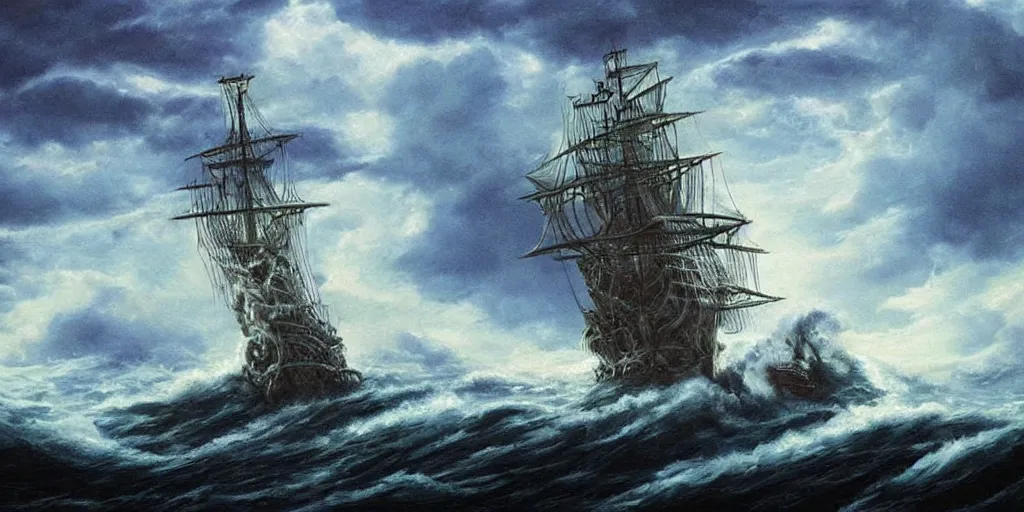 Prompt: kraken!!!!!!!!!!!!!!!! tentacles!!!!!!!!!!! stormy sea!!!!!! steamship boat dramatic clouds painting
