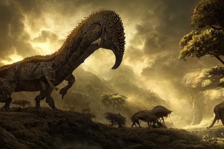 Image similar to the most amazing dream you ever had about cenozoic paleoart, hyper realistic, ambient lighting, concept art, intricate, hyper detailed, smooth, dynamic volumetric lighting, octane, cinematic