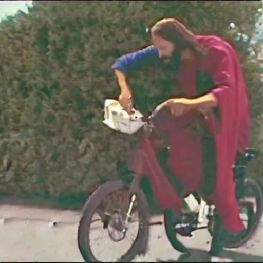 Prompt: CCTV footage of Jesus stealing a bike