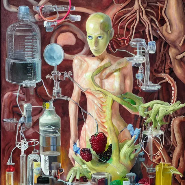 Prompt: female android, surgical equipment, giant octopus, dinosaur bones, raw pork, berry juice drips, pancakes, berries, scientific glassware, plant roots, art supplies, candles dripping wax, neo - impressionist surrealism, acrylic and spray paint and oilstick on canvas