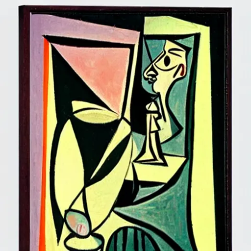 Prompt: a tiny diver drinking from a huge wine glass by pablo picasso