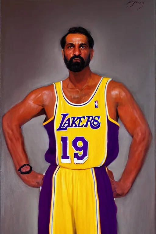 Prompt: full body portrait of the dictator of the los angeles lakers, 1 9 5 5, in full military garb, oil on canvas by william sidney mount, trending on artstation