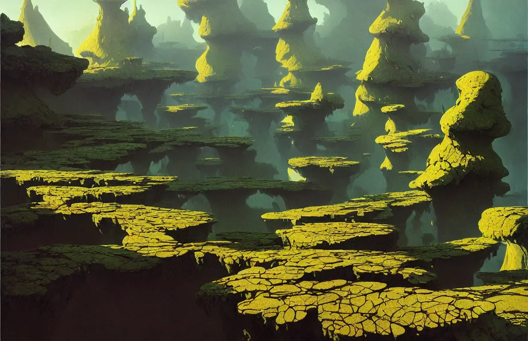 Prompt: line density is used for rendering light and shadow. painting by roger dean once in a lifetime by jan urschel