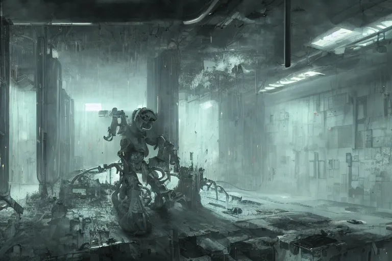 Image similar to volumetric coherent gloomy colossal ruined server room in datacenter by eddie mendoza blender robot figure automata headless drone robot knight welder posing pacing fixing soldering mono sharp focus, emitting diodes, smoke, artillery, sparks, racks, system unit, motherboard, artstation cgsociety artofmtg hyperrealism cinematic dramatic painting concept art of detailed character design matte painting