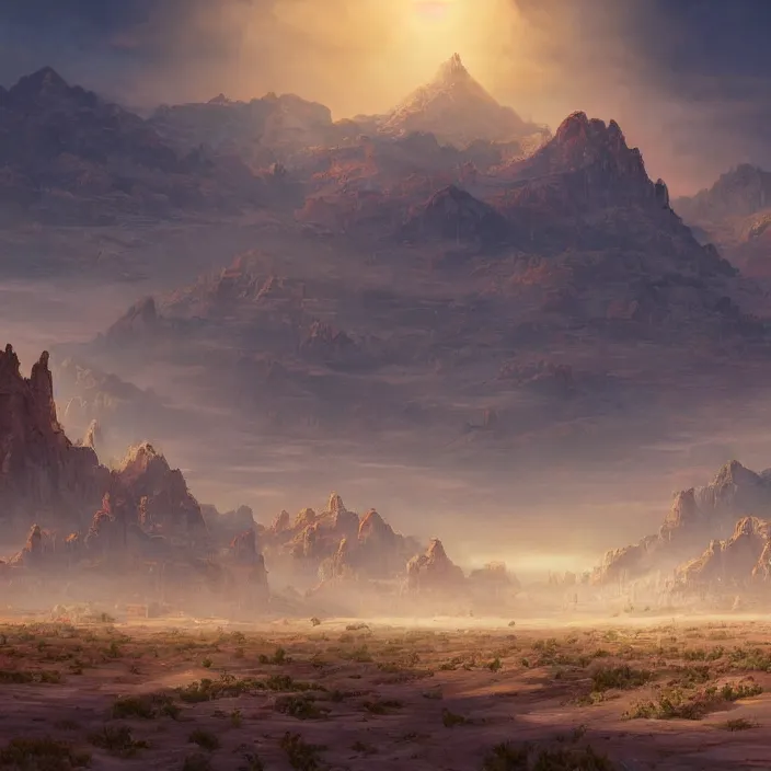 Image similar to large densely packed bustling old western style city in the middle of a sandy flat desert with a single mountain on the very distant horizon. magic the gathering art, digital media