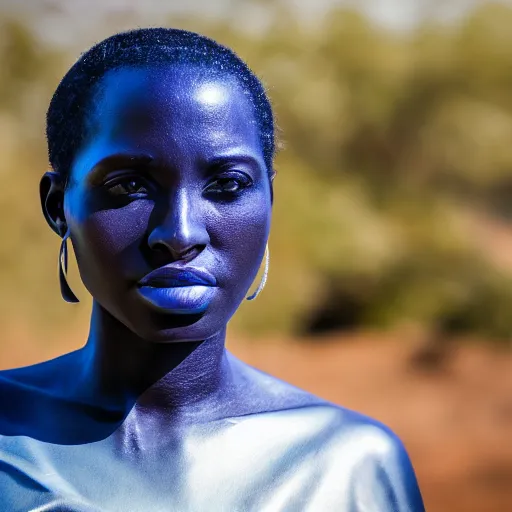 Image similar to portrait of metallic face, african woman, proud looking away, liquid metal, mercury, outdoor, blue sky, nature, 8 k, realistic, depth of field, highly detailed, award winning photography