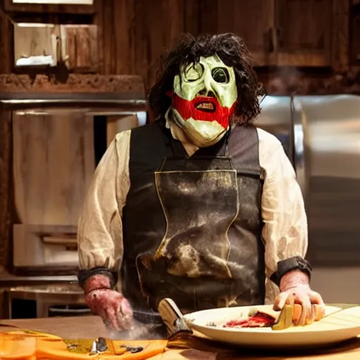 Prompt: Leatherface from the movie Texas Chainsaw Massacre wearing a highly detailed mask is hosting a cooking show