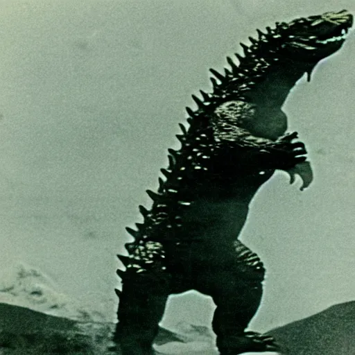 Image similar to rare vintage footage of Godzilla, overshadowing Kim Jong-il, obscured underexposed view