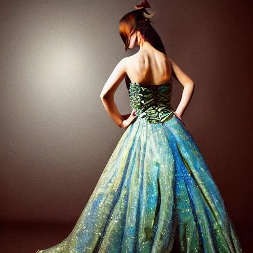 Image similar to Stunning picture of a model wearing a magnificent ball gown inspired by Van Gogh's Starry Night. Studio lighting