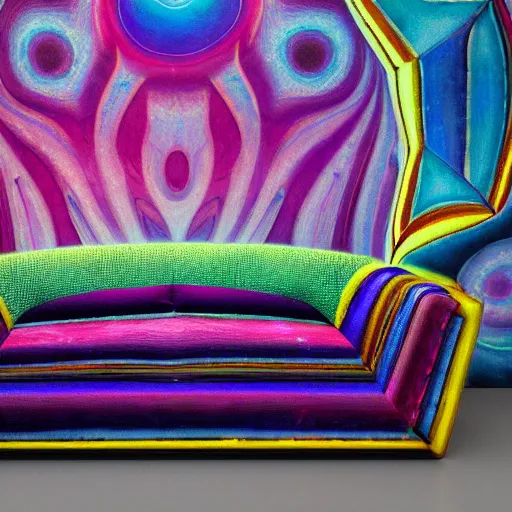 Image similar to psychedelic couch sofa costa blanca, designed by arnold bocklin, jules bastien - lepage, tarsila do amaral, wayne barlowe and gustave baumann, cheval michael, trending on artstation, mediterranean, star, sharp focus, colorful refracted sparkles and lines, soft light, 8 k 4 k