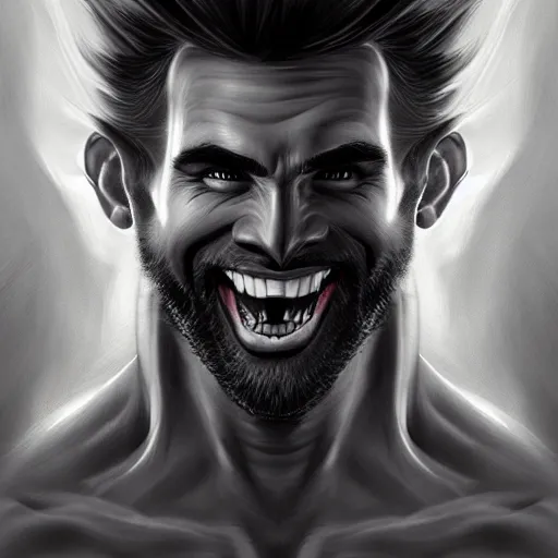 Prompt: x-ray scan of Beautiful face of very manly Gigachad with very big jaws, big eyebrows, smile like trollface jaw tilted on side, painting on grey scale face, powerful , magic, thunders, dramatic lighting, intricate, wild, highly detailed, digital painting, artstation, concept art, smooth, sharp focus, illustration, art by artgerm and greg rutkowski and alphonse mucha, footage