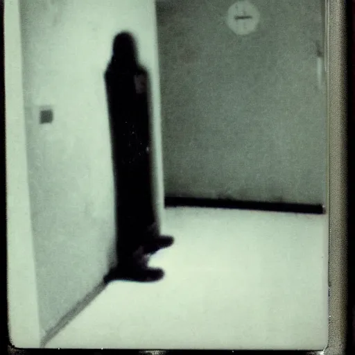 Prompt: Old polaroid of a dark spindly figure standing at the end of a dim hallway, liminal, creepypasta