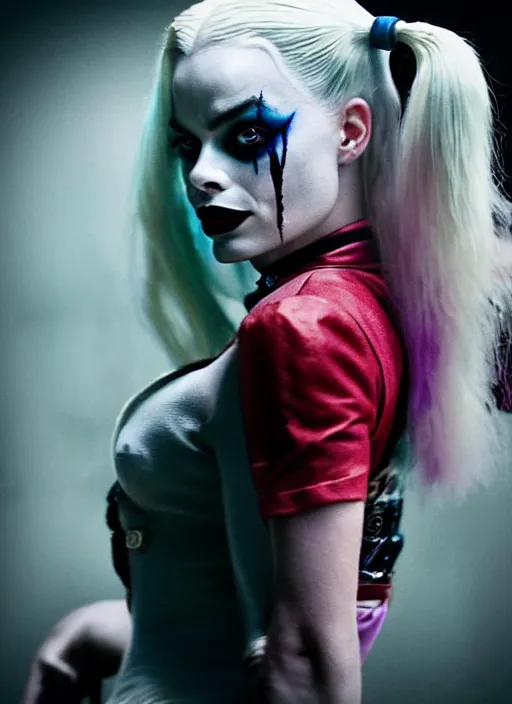 Image similar to 2 8 mm side portrait of beautiful suicide squad happy margot robbie with long white hair that looks like harley quinn, gotham city double exposure, angry frown, glamour pose, watercolor, frank miller, moebius, jim lee, annie leibowitz