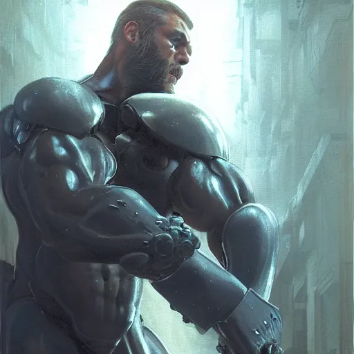 Image similar to handsome portrait of a spartan guy bodybuilder posing, radiant light, caustics, war hero, metal gear solid, ghost in the shell, steel bull run, by gaston bussiere, bayard wu, greg rutkowski, giger, maxim verehin