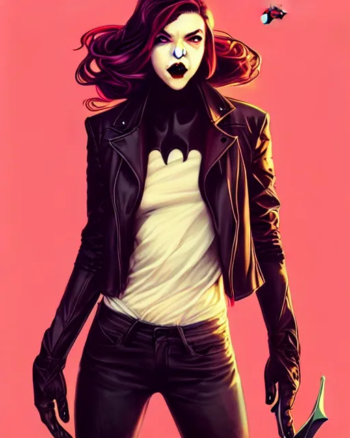 Image similar to rafael albuquerque comic art, art nouveau, peter mohrbacher, artgerm, pretty anya taylor - joy vampire sharp vampire teeth open mouth, black leather jacket, jeans, long blonde hair, full body