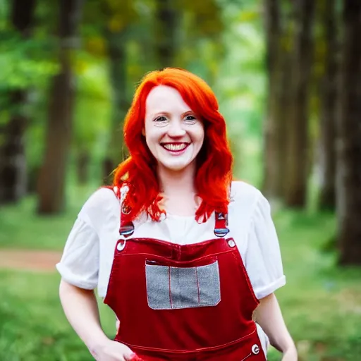 Prompt: A red haired woman dressed in overalls smiling at the camera