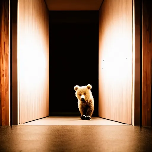 Image similar to dark photograph of a small bear mascot with a spotlight focused on him walking through a large wooden doorway