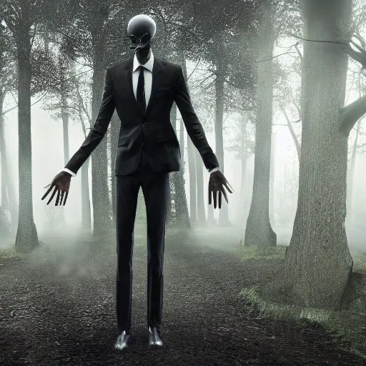 Image similar to fearsome slender man luring in dark, hyper realistic, detailed, 4 k, octane render, 4 k, dark color