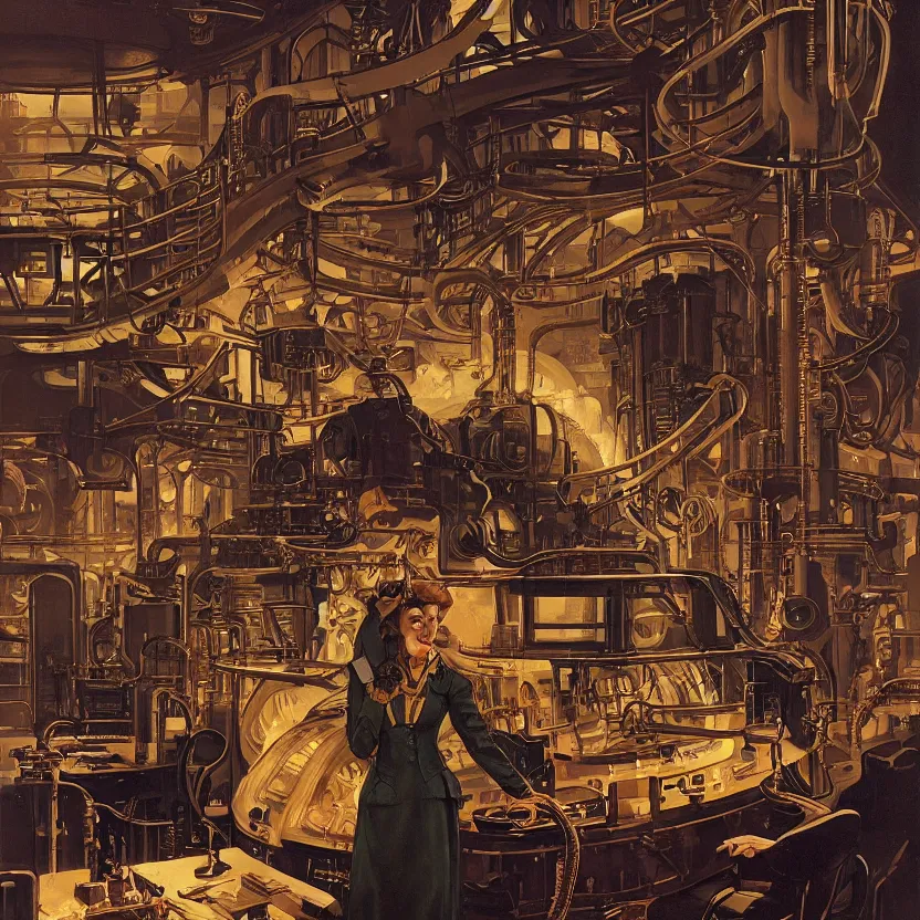 Image similar to a woman in a steampunk retrofuturistic control center for an industrial lava factory, by syd mead and norman rockwell. highly detailed digital art. retrofuturism. steampunk. beautiful lighting. trending on artstation.