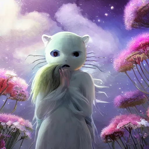 Prompt: detailed spirit creature with eyes in the flowers at night made by studio ghibli, beautiful scene, detailed, high quality, high details, smooth, ghibli artstyle, 8 k, detailed creature, holding flower