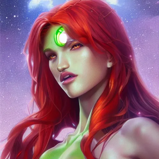 Image similar to ultra realistic illustration, bella thorne as starfire anime with glowing green eyes, intricate, elegant, highly detailed, digital painting, artstation, concept art, smooth, sharp focus, illustration, art by artgerm and greg rutkowski and alphonse mucha