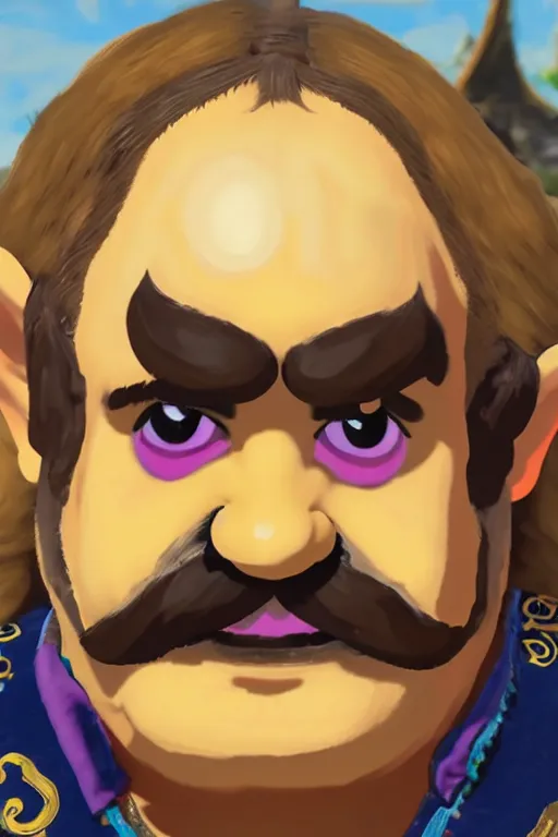 Image similar to a portrait of wario from the legend of zelda breath of the wild, breath of the wild art style.