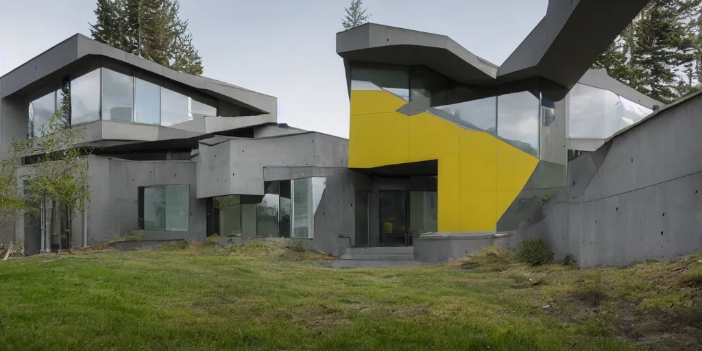 Image similar to large futuristic residence, gray concrete, yellow metal pipes, many large green windows, pacific northwest, triangular elements