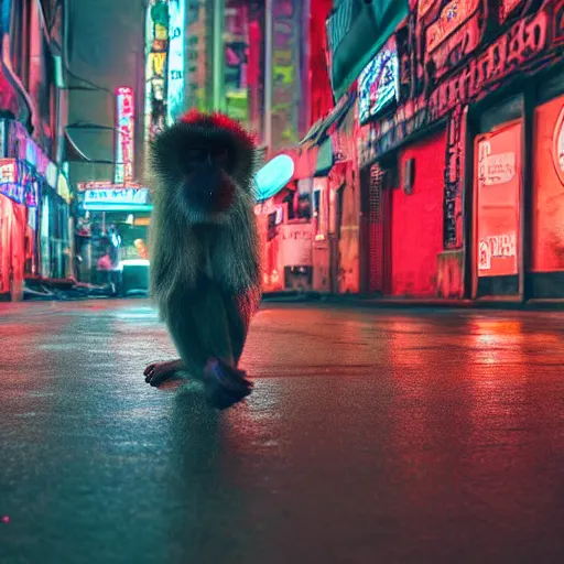 Image similar to a high quality low wide angle photo of a Mandrill monkey on the streets of a cyberpunk city, rainy, reflective ground, neon lights, realism, 8k