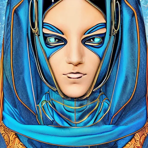 Image similar to beautiful portrait of the mysterious masked figure, futuristic, vogue cover, vogue poses, beautiful ornamental silk cape, intricate, highly detailed, masterful, fantasy world, sci fi world, in the style of moebius, akira toriyama, jean giraud, 8 k