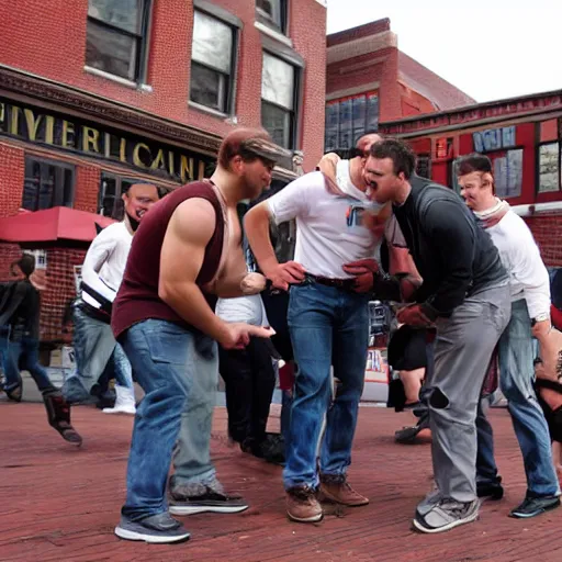 Image similar to guys doing the harvard rub in harvard square,