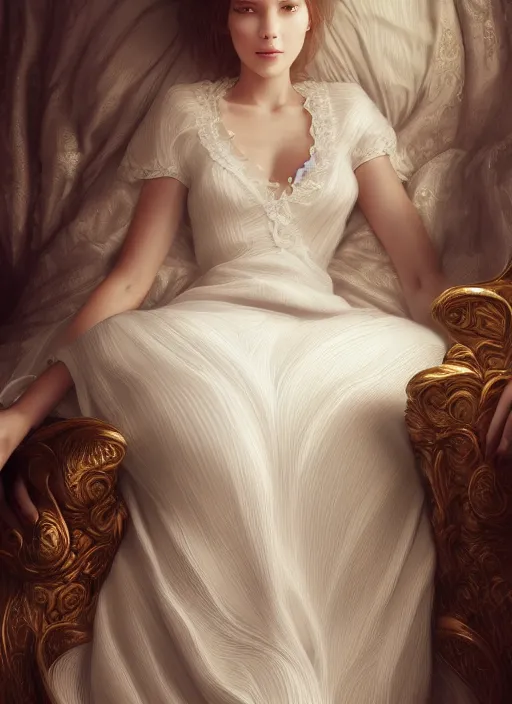 Prompt: young woman beautiful face : : sleeping lace white dress : : night home bed : : weta disney pixar movie still photo : : decadent highly - detailed digital painting, full length shot, golden ratio, octane render, artstation, smooth, sharp focus, artgerm, mucha, loish, wlop, gogo