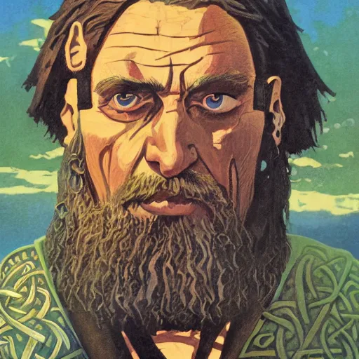 Image similar to full face portrait of fantasy Celtic chieftain and Magus 'Eoghaill na Murnach' or 'Eoghaill of the Murine Horde'. Gouache art, historical illustration, in the style of Angus McBride.