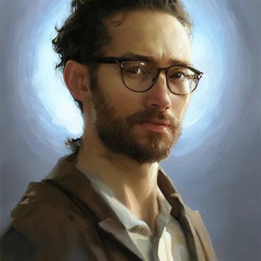 Prompt: greg manchess oil matte portrait painting, man peasant curly hair round glasses, wonderful masterpiece highly detailed, scifi, beautiful cinematic light deep focus, elegant, digital painting, smooth, sharp focus, golden ratio, dramatic illumination, ultra realistic, 4 k, art by greg rutkowski wlop rossdraws