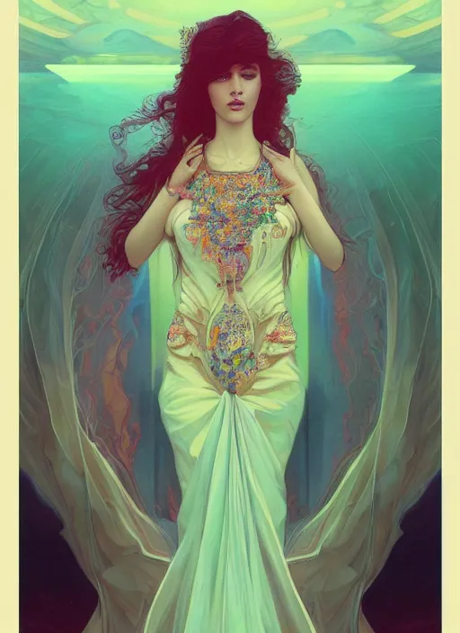 Prompt: surreal, beautiful young woman, extremely detailed gorgeous face, sad eyes, tears, sexy body and face, vaporwave aesthetic, synthwave, long luxurious gown, colorful, psychedelic, intricate, elegant, highly detailed, digital painting, artstation, concept art, smooth, sharp focus, illustration, art by artgerm and greg rutkowski and alphonse mucha