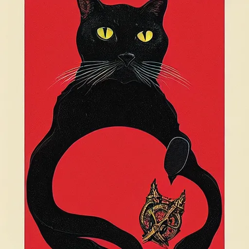 Prompt: dimitri the black cat in kremlin red square “ aaron horkey ” silkscreen poster