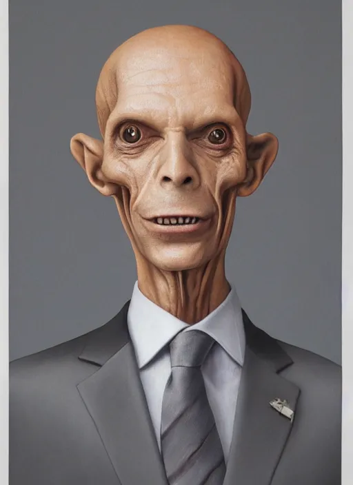 Image similar to a hyper realistic portrait of a male alien in a suit