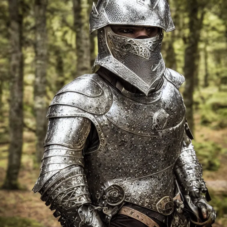 Prompt: portrait photo of an armoured male warrior, in a fantasy forest, medieval style, highly detailed, smooth, sharp focus, 8 k. lifelike. soft light. nikon d 8 5 0