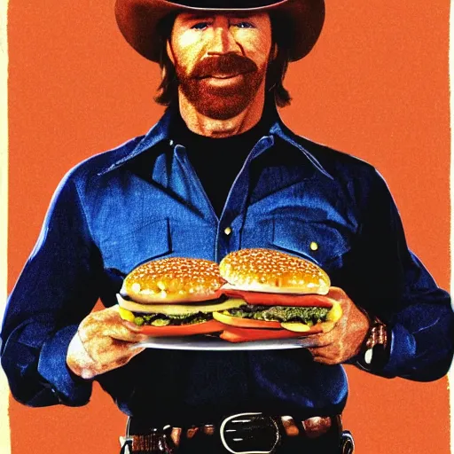 Prompt: texas ranger chuck norris with hamburger