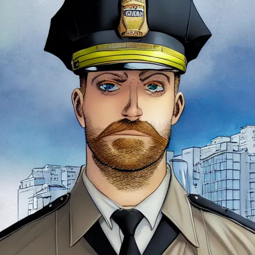 Image similar to portrait of a blonde pale police officer with short hair and a patchy beard, close up, grimy streets backdrop, detailed, art by russell dauterman and ryan ottley and patrick gleason and stefano caselli and marco checchetto esad ribic