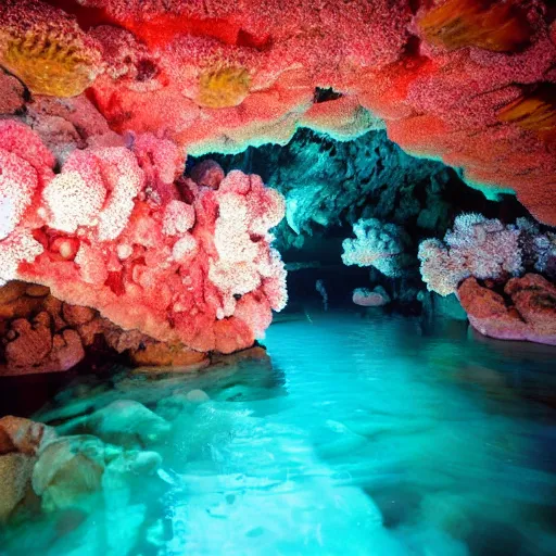 Prompt: inside a cave with a coral reef, photo