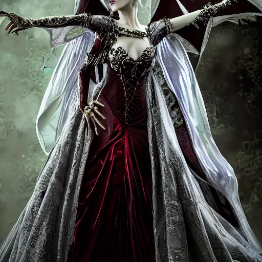 Prompt: beautiful vampire queen with ornate dress, highly detailed, 4k, HDR, smooth, sharp focus, hyper realistic, high resolution, award-winning photo