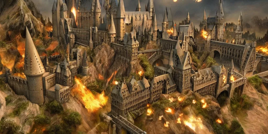 Image similar to hogwarts under attack, hiperrealism, insanely detailed and intricate, fantasy environment cinematic lighting ultra - wide angle lens