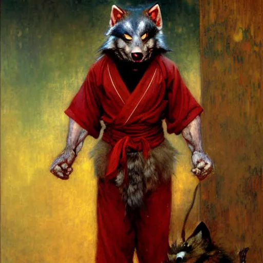 Image similar to a male japanese ninja ratwolfman rat wolf man in a red kimono furry arms furry body. furaffinity furry art detailed face painting by gaston bussiere craig mullins jc leyendecker gustav klimt artgerm greg rutkowski furry