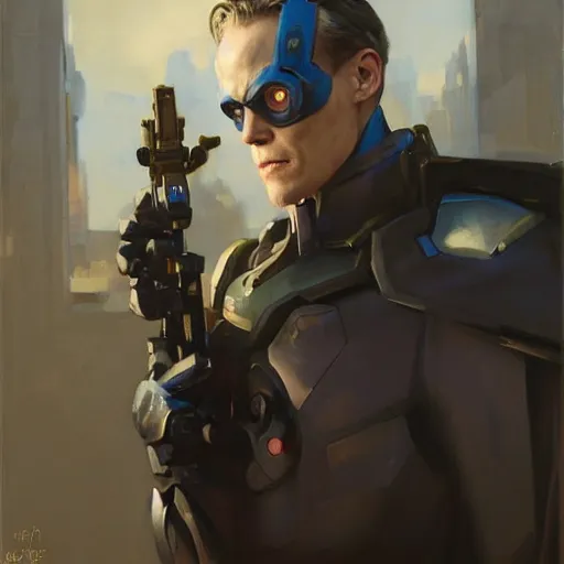 Image similar to greg manchess portrait painting of partially armored paul bettany aka vision as overwatch character, medium shot, asymmetrical, profile picture, organic painting, sunny day, matte painting, bold shapes, hard edges, street art, trending on artstation, by huang guangjian, gil elvgren, ruan jia, greg rutkowski, gaston bussiere