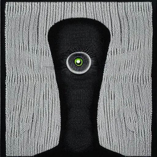 Image similar to portrait photo of a wool sock with giant eyes, face made from thick cyberpunk wires, extremely high details, realistic, by MC Escher and Rene Margitte and victor enrich