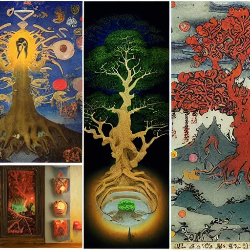 Prompt: tree of life, yggdrasil, arts and crafts, sticker bomb, mixed media, moody lighting, volumetric light, by hieronymus bosch, by katsushika hokusai, by laurie lipton