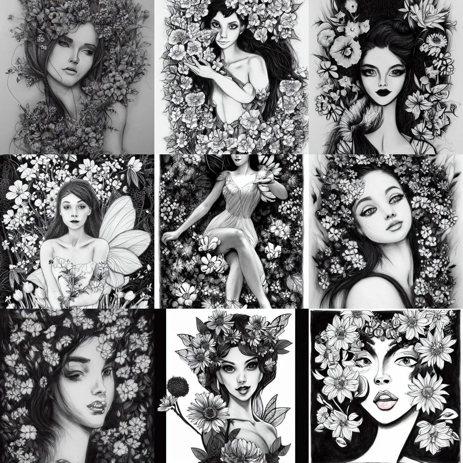 Prompt: a flower fairy surrounded by flowers, charcoal drawing, black and white, ink and paper, portrait, trending on artstation, behance, deviantart, drawn by tom lovell, artgerm, jsc, j. scott campbell