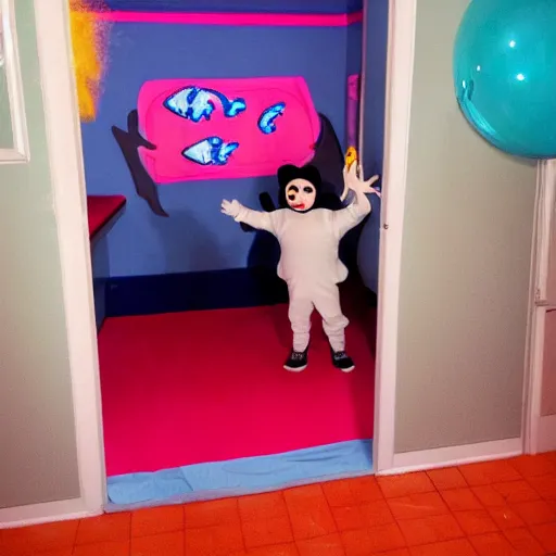 Prompt: patrick star dressed as PatBoy inside magic house